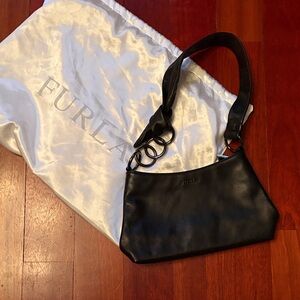 Furla Black Leather Shoulder Bag with Ring Accents